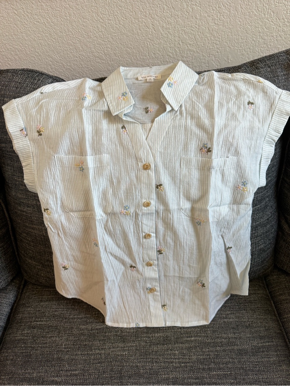 Blu Pepper Light Blue Striped Button-Down Shirt with Tiny Floral Embroidery